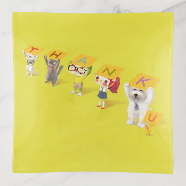 Thank You Team: Smiling Bichon & Friends Art Trinket Tray (Front)