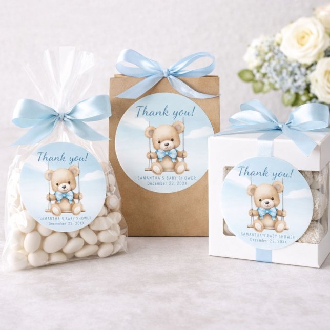 Thank You Teddy Bear Boy Baby Shower Classic Round Sticker (Baby shower thank you stickers perfect for favor bags, treat boxes, and party giveaways)