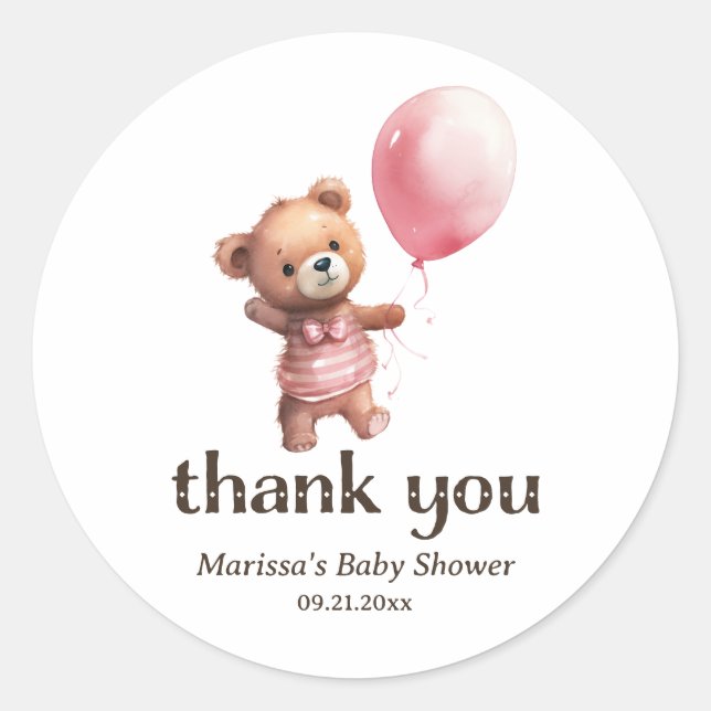 Thank You Teddy Bear Girl Baby Shower Sticker (Front)