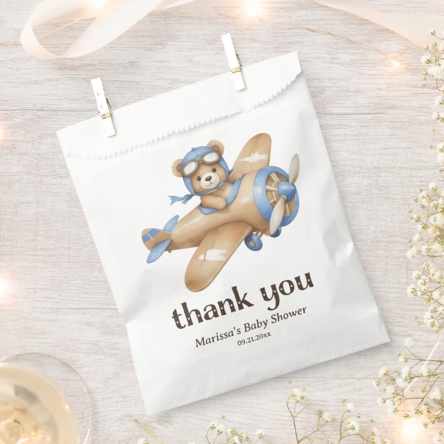 Thank You Teddy Bear Pilot Baby Boy Shower Favor Bag (Clipped)