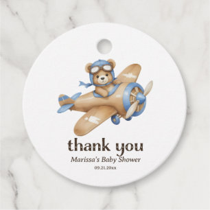 Thank You Teddy Bear Pilot Baby Boy Shower Favor Tags