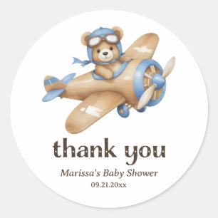 Thank You Teddy Bear Pilot Baby Boy Shower Sticker