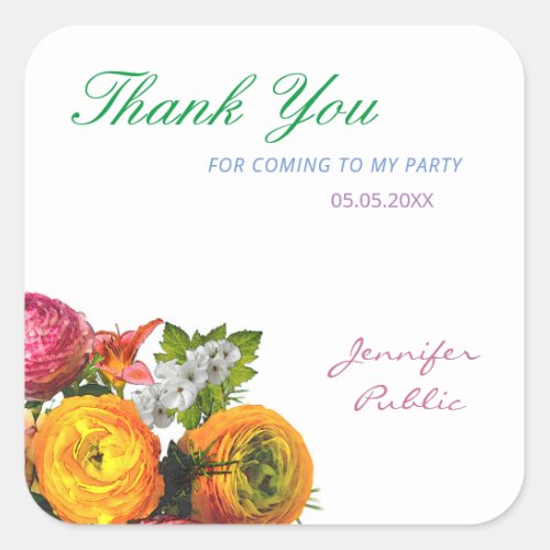 Thank You Template Watercolor Flowers Roses Script Square Sticker