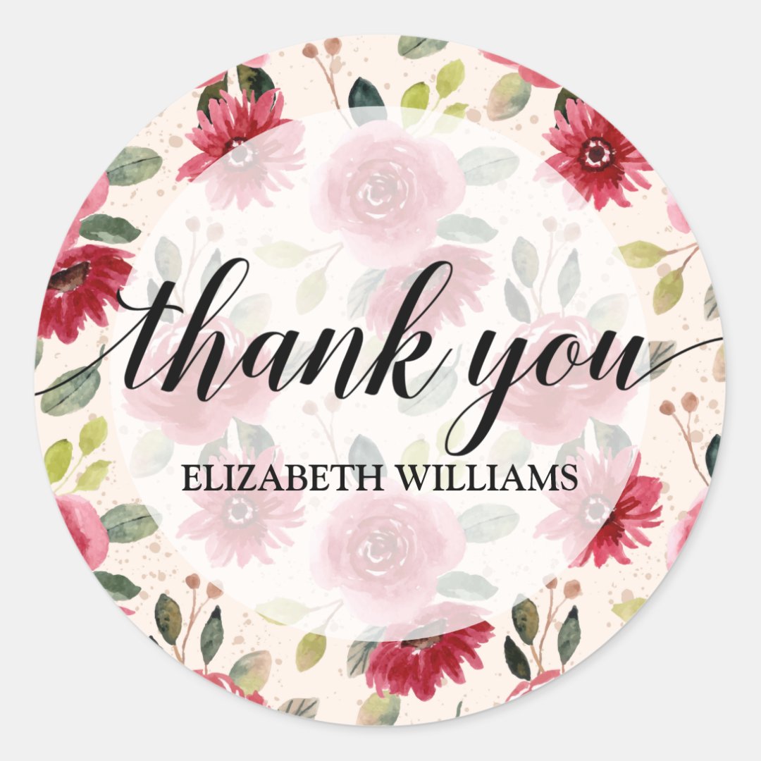 Thank You Text Burgundy Flowers Classic Round Sticker | Zazzle