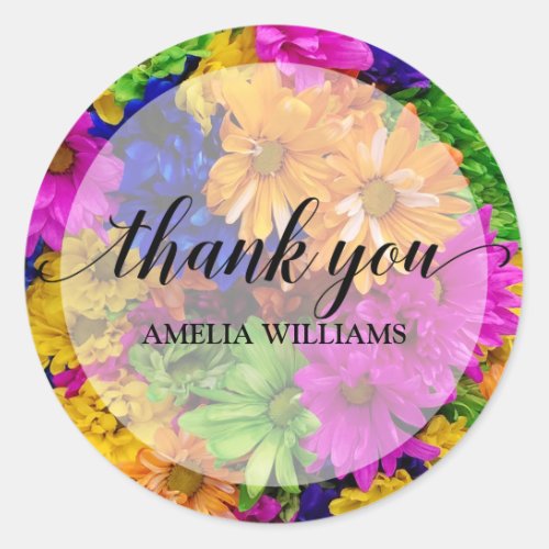 Thank You Text Colorful Flowers Classic Round Sticker