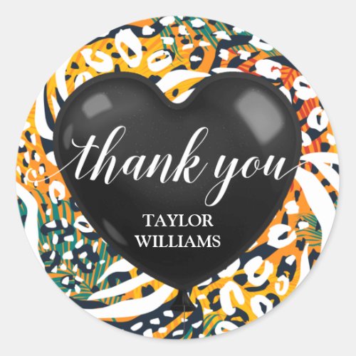 Thank You Text Heart Balloon Colorful Animal Print Classic Round Sticker