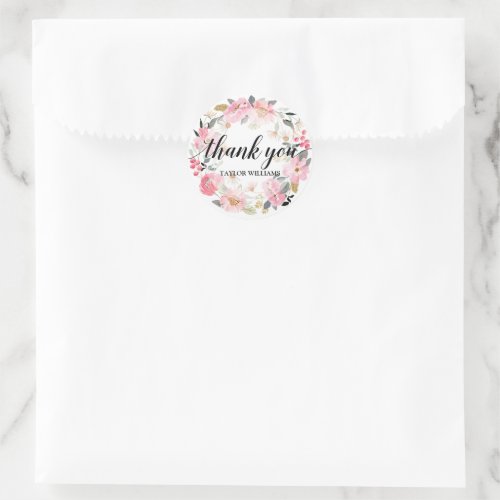 Thank You Text Pink Floral Wreath Classic Round Sticker