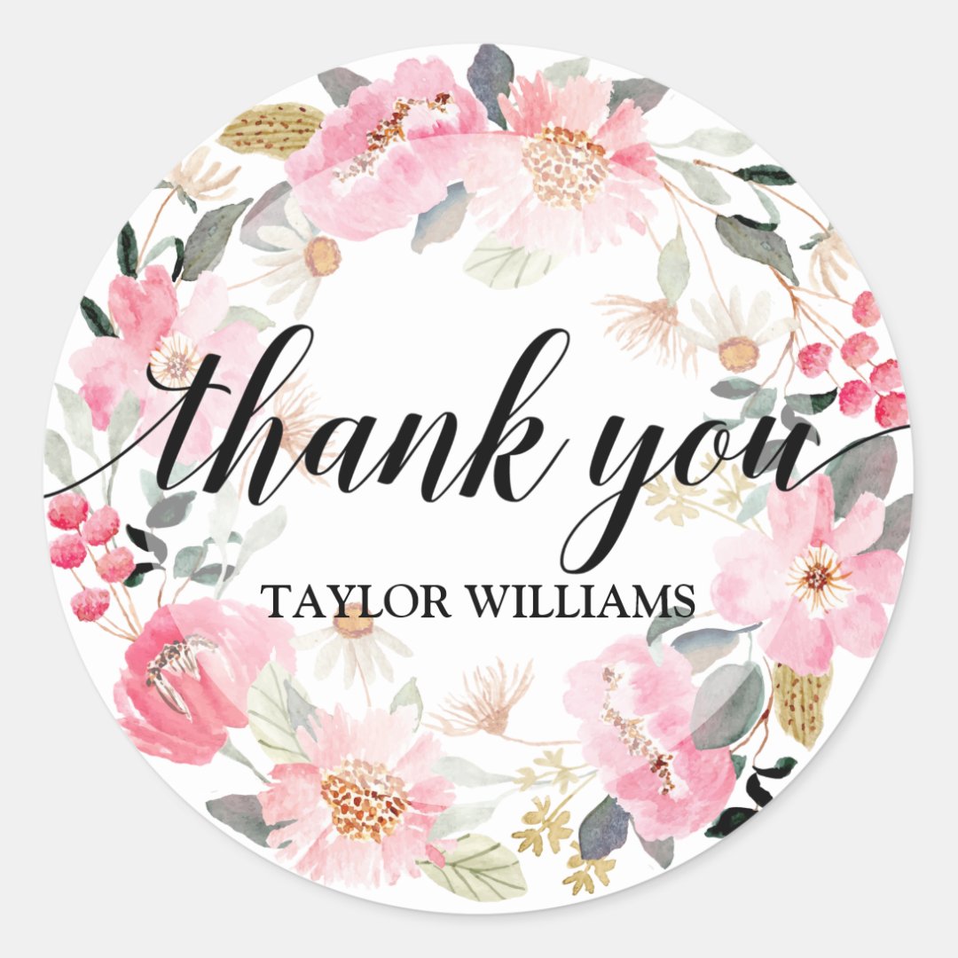 Thank You Text Pink Floral Wreath Classic Round Sticker | Zazzle