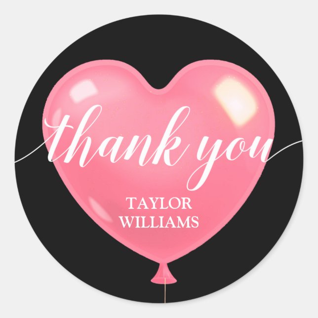 Thank You Text Pink Heart Balloon Classic Round Sticker (Front)