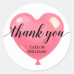 Thank You Text Pink Heart Balloon Classic Round Sticker