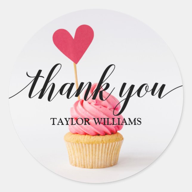 Thank You Text Pink Heart Cupcake Classic Round Sticker (Front)
