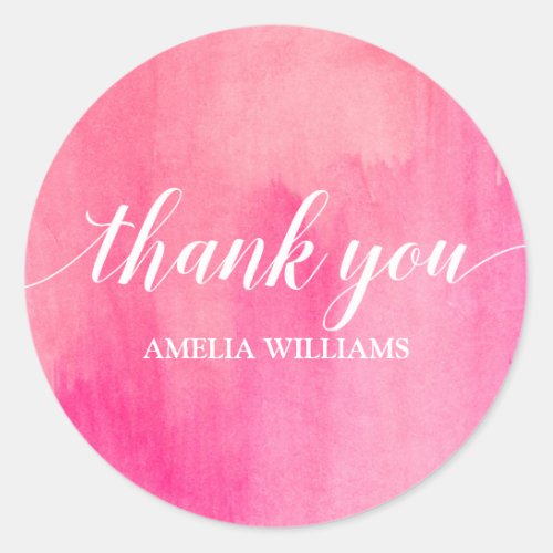 Thank You Text Pink Watercolor Classic Round Sticker