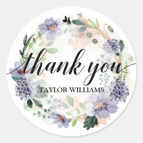 Thank You Text Purple Floral Wreath Classic Round Sticker