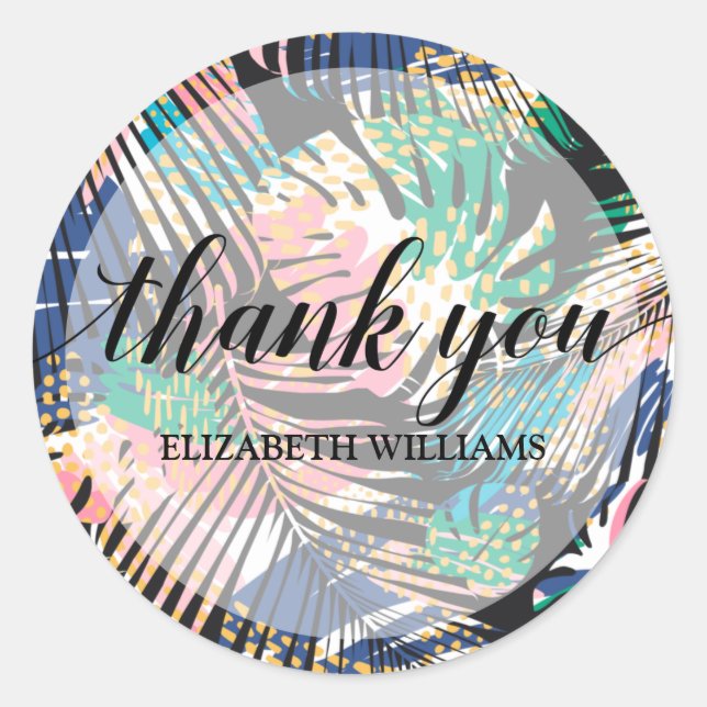 Thank You Text Tropical Plants Classic Round Sticker (Front)