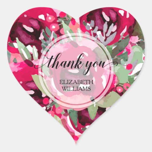 Thank You Text Watercolor Floral Heart Sticker