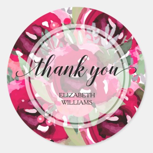 Thank You Text Watercolor Flowers Classic Round Sticker
