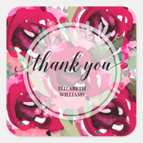 Thank You Text Watercolor Flowers Square Sticker