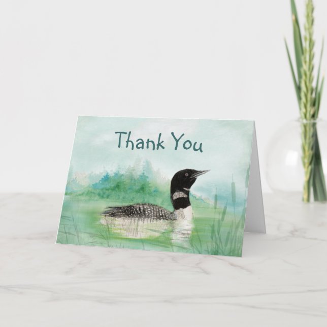 Thank you Thanks Watercolor Loon Bird Nature Card (Front)