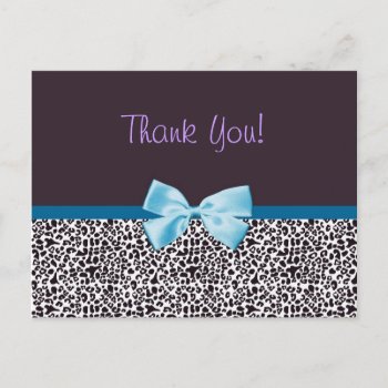 Thank You Trendy Leopard Print Blue Ribbon Postcard by PhotographyTKDesigns at Zazzle