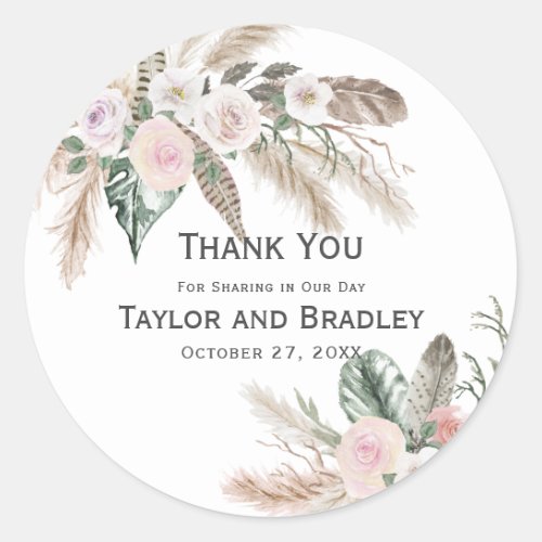 Thank You Tropical Floral Pampas Grass Feathers Classic Round Sticker