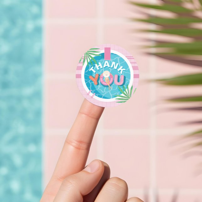 Thank You Tropical Pink Summer Birthday Pool Party Classic Round Sticker (Thank You Tropical Pink Summer Birthday Pool Party Classic Round Sticker)