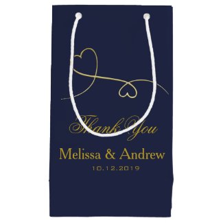 Thank You - Two Elegant Gold Hearts, Blue Wedding  Small Gift Bag
