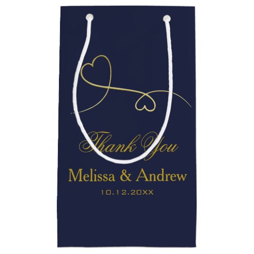 Thank You _ Two Elegant Gold Hearts Blue Wedding  Small Gift Bag