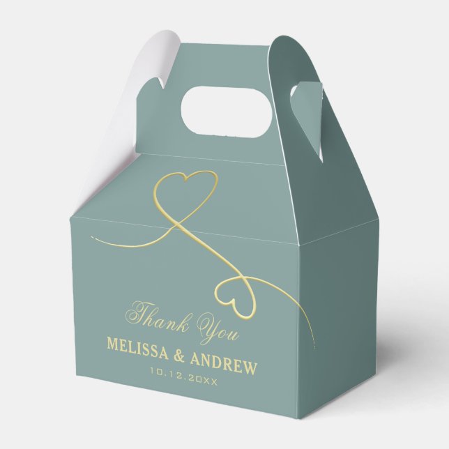 Thank You | Two Gold Hearts Emerald Green Wedding Favor Boxes (Front Side)