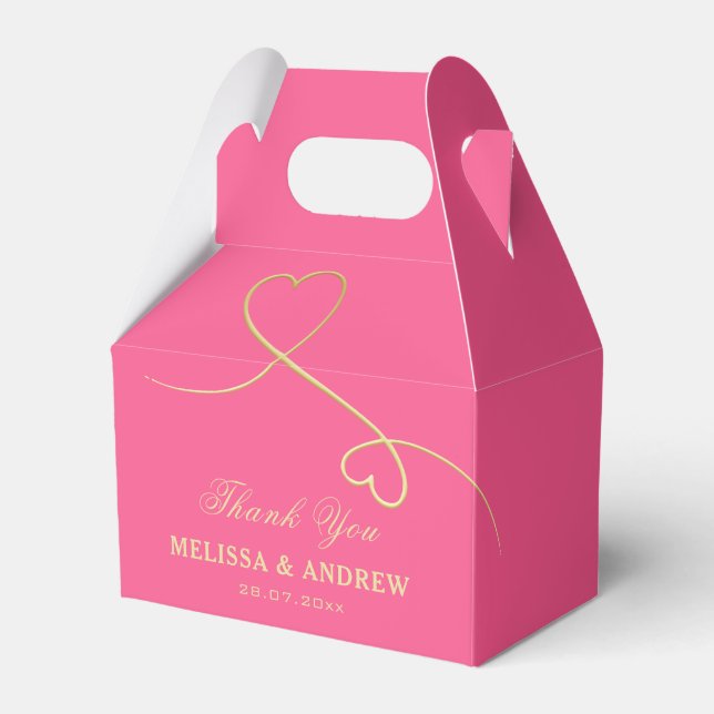 Thank You | Two Gold Hearts | Fuchsia Pink Wedding Favor Boxes (Front Side)
