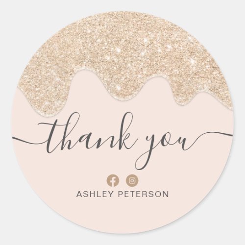 Thank you typography blush chic gold glitter drips classic round sticker