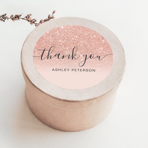 Thank you typography blush rose gold glitter ombre classic round sticker