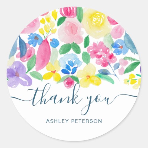 Thank you typography bright bold floral watercolor classic round sticker