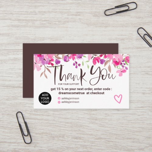 Thank you typography brush pink floral watercolor business card