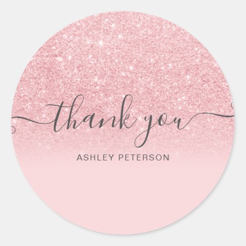 Thank you typography chic blush pink glitter ombre classic round sticker