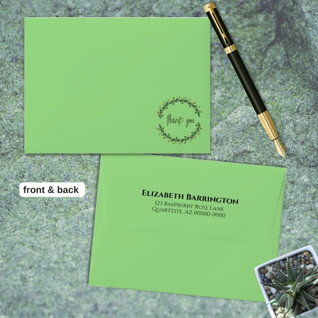 Thank You Typography Chic Green Leaf Wreath Envelope (Thank you in wreath front & custom envelope with return address template text on back flap.)