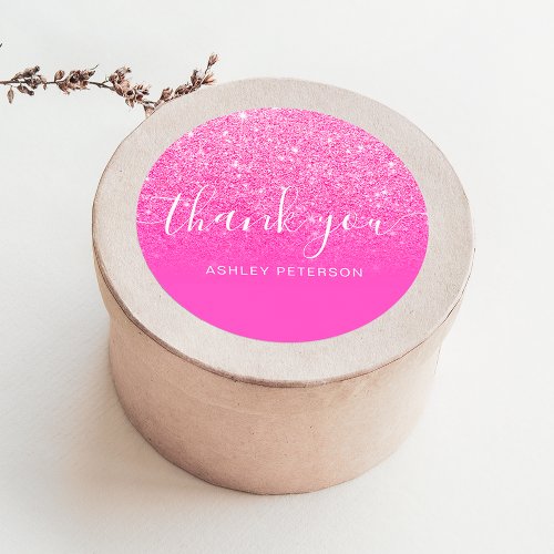 Thank you typography chic pink glitter ombre classic round sticker