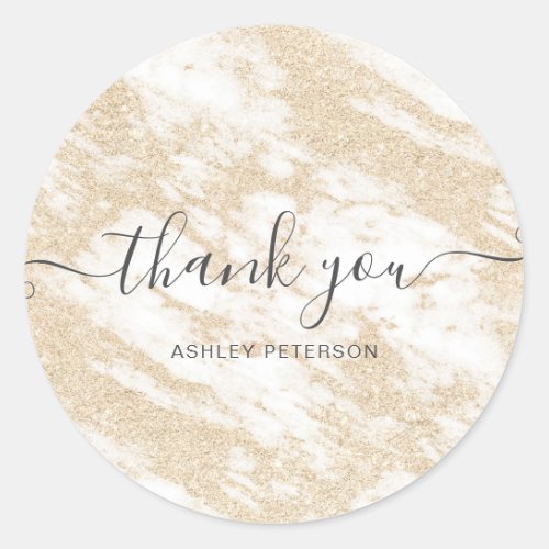 Thank you typography gold glitter white marble classic round sticker