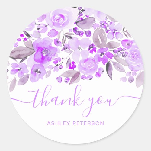 Thank you typography lavender floral watercolor  classic round sticker