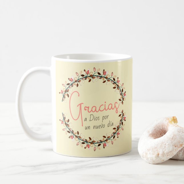 Thank You Typography Leaf Wreath Gracias Template Coffee Mug (With Donut)