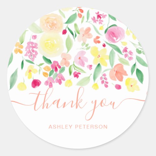 Thank you typography pastel cute floral watercolor classic round sticker