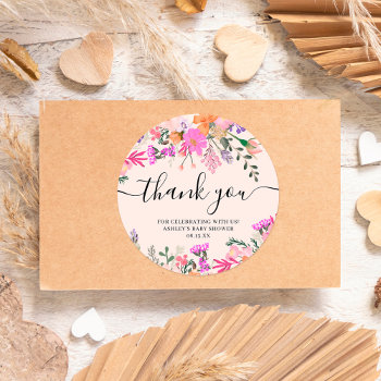 Thank You Typography Pastel Meadow Wild Flowers Classic Round Sticker by girly_trend at Zazzle