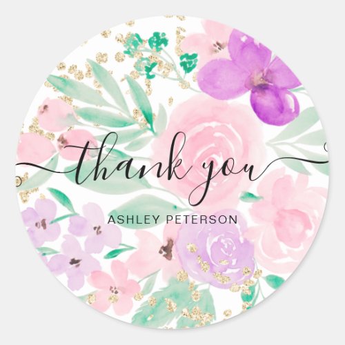 Thank you typography pink floral watercolor gold classic round sticker