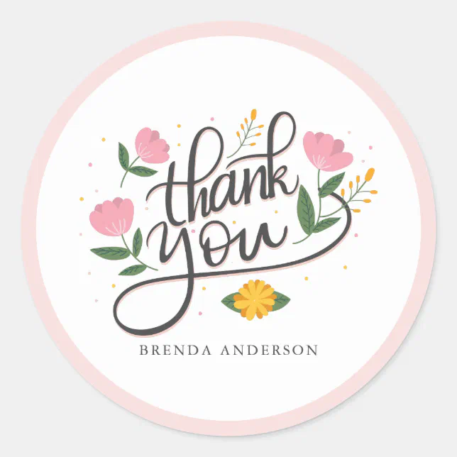 Thank You-typography pink flowers accents Classic Round Sticker | Zazzle