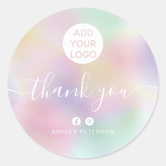 Thank you typography pink holographic media logo classic round sticker ...