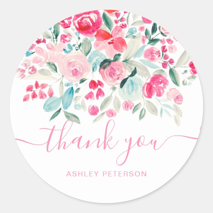 Thank you typography pink pastel floral watercolor classic round ...