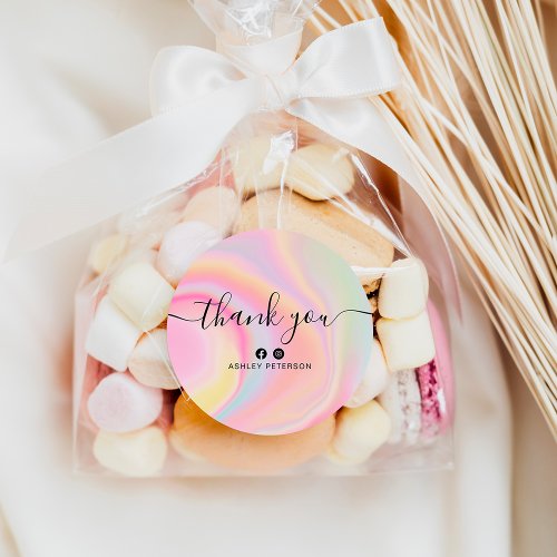 Thank you typography pink rainbow unicorn marble classic round sticker