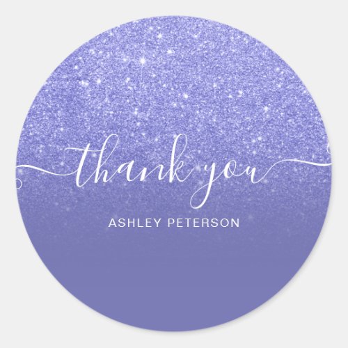 Thank you typography purple blue glitter ombre classic round sticker