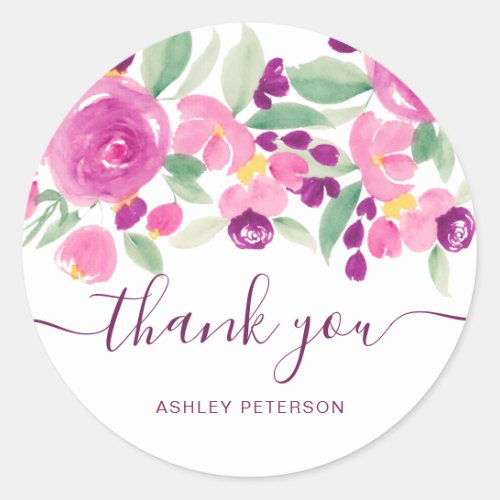Thank you typography purple chic floral watercolor classic round sticker