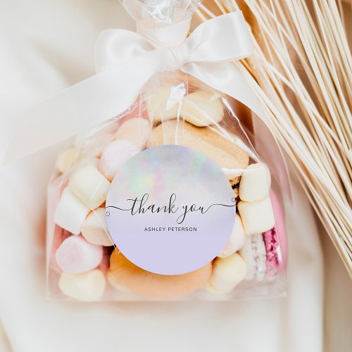 Thank you typography purple pearl nacre ombre classic round sticker
