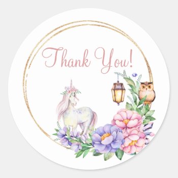 Thank You Unicorn Owl Watercolor Floral Classic Round Sticker by MaggieMart at Zazzle
